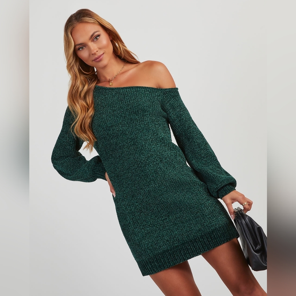 Vici Green Obsessed With Me Chenille Off The Shoulder Mini Dress Size Medium